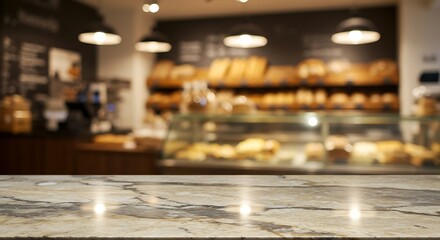 Empty Marble Countertop in a Cozy Bakery Shop