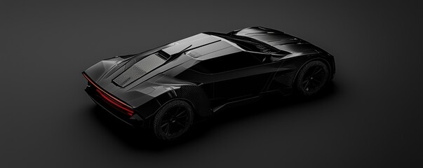 Sleek black sports car design with modern features on a dark background.