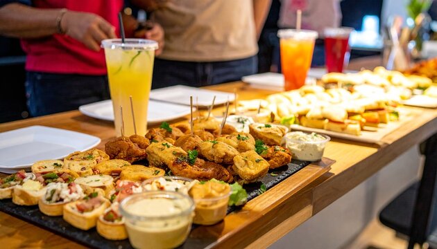 Delicious finger food buffet appetizers snacks and drinks for a party