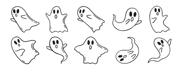 Cartoon haunted ghost Halloween doodle hand drawn icon set. Outline drawing cute ghost characters.