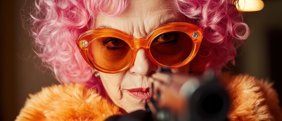 Senior woman with pink hair and stylish orange sunglasses aiming a toy rifle, embracing a fun, quirky lifestyle in a colorful urban setting.
