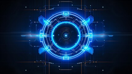 Futuristic glowing blue digital interface with circular hud elements and abstract technology background
