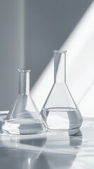 Two clear glass flasks filled with water on a bright surface with gentle light.