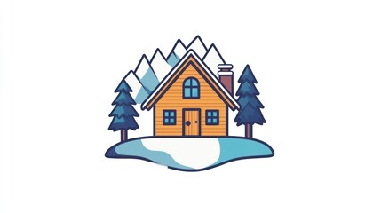 Cozy cabin in snowy mountains; winter scene; illustration; background use
