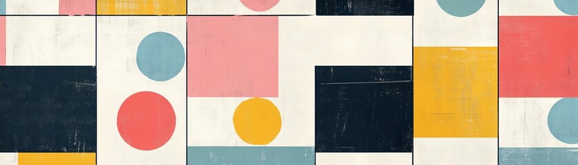 Abstract geometric pattern with colorful shapes on textured background.