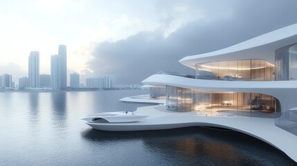 Modern architecture by water with sleek buildings and cloudy sky
