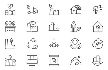 Eco Green City Icon Set. Minimalist Line Icons for Sustainability, Smart Cities, and Environmental Conservation Projects