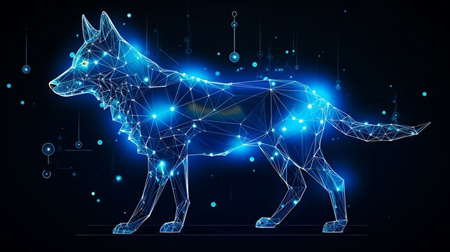 Glowing digital wolf made of blue light particles and connections on dark futuristic background
