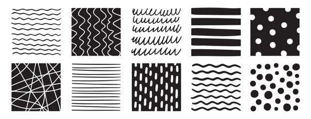 Hand drawn pen abstract pattern lines and shapes square set. Doodle pencil or marker line art elements