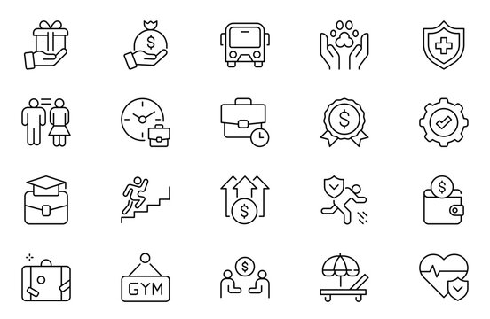 Employee Benefits Line Icon Set. Company, Employee, Salary, Pay Raise, Meal Break