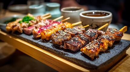 Naklejka premium A platter of yakitori skewers, perfectly grilled and glistening, served with a side of tare sauce in a lively Tokyo izakaya, embodying the vibrant spirit of Japanese street food. 