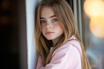 Girl with long hair leaning against wall looking thoughtful, portrait photography, youth lifestyle, natural light, serene expression, casual style, close-up.