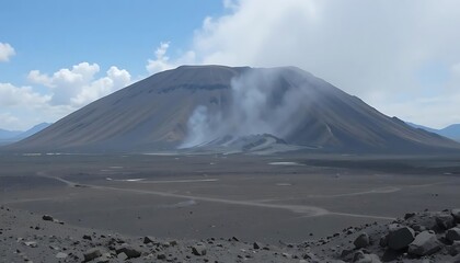 Fototapeta premium Volcanic Landscape: Ethereal Smoke and Ash-Covered Plains