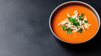 Creamy, vibrant orange soup, garnished with shredded chicken and parsley