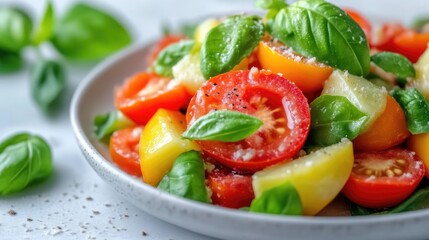 Vibrant summer salad featuring colorful tomatoes, potatoes, and fresh basil
