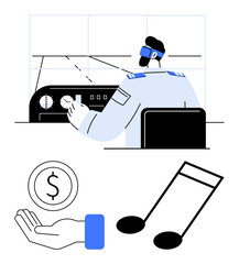 Pilot operates airplane controls in cockpit, representing aviation, leadership. Hand with coin highlights finance. Music note symbolizes creativity, art. Ideal for aviation, finance, music teamwork