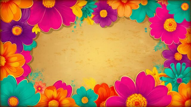 Colorful floral border design with vibrant flowers on rustic background for seasonal celebrations or creative projects