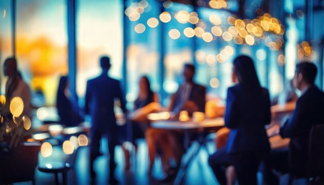 Blurry image of business professionals networking at a corporate event in a modern glass-walled venue during the evening