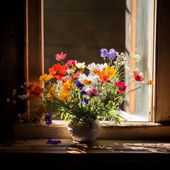 Fototapeta premium Vibrant wildflower bouquet on windowsill