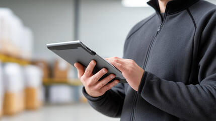 Warehouse worker using tablet managing inventory and logistics in large distribution center, optimizing operations and streamlining processes for efficient goods management