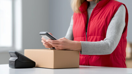 Delivery woman scanning package with mobile device near pos terminal, representing efficient modern shipping workflow