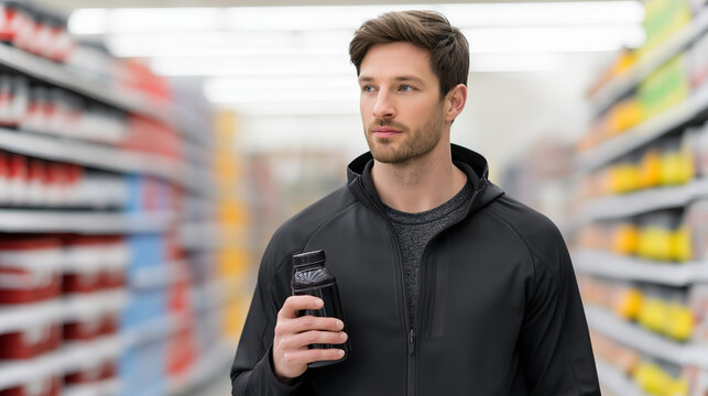 Muscular athlete selecting nutritional supplements, holding protein shake bottle among shelves of sports dietary products in grocery store environment