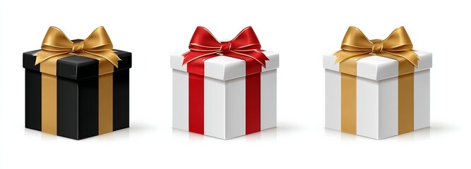Set of black, white, and red gift boxes with golden ribbon on white background, vector illustration for birthday promotion or presentation design.