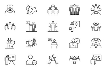 Leadership icons set with vision, motivation, influence, decision making, strategic planning, delegation, communication, emotional intelligence, team building, mentorship icon. Simple line vector