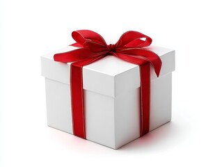 Fototapeta premium White gift box with red ribbon on white background, high-resolution photorealistic design, perfect for holiday and celebration use.