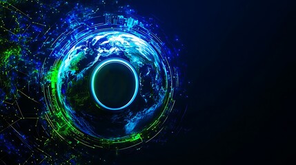 Futuristic glowing digital earth with green continents and blue circular interface on dark background
