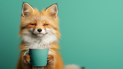 A red fox with a sly expression holds a teal mug against a solid background, creating a humorous and whimsical concept combining animal charm and morning routine metaphor