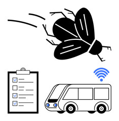 Large fly flying near autonomous bus with wireless signal and checklist. Ideal for transportation innovation, environment, IoT, automation, efficiency, logistics, simple landing page