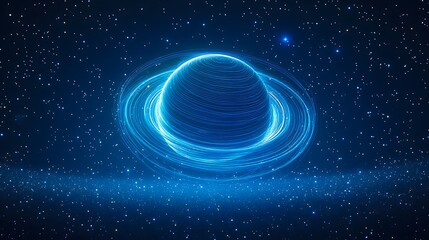 Glowing blue planet with rings in starry space and futuristic cosmic digital background
