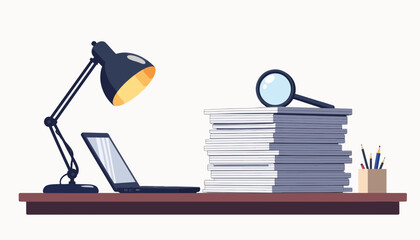 Manager's desk with reports and magnifying glass, professional setup