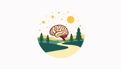Fototapeta premium Abstract brain in geometric landscape with winding path, creative thinking