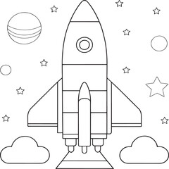 outlined cartoon spaceship in space coloring page vector illustration