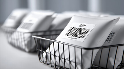 Padded white shipping envelopes with barcodes resting in wire baskets, awaiting sorting and processing within logistics facility storage area