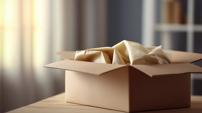 Open cardboard box with protective packaging paper inside is placed on a wooden table in a sunlit room, suggesting a recent delivery or preparation for shipping