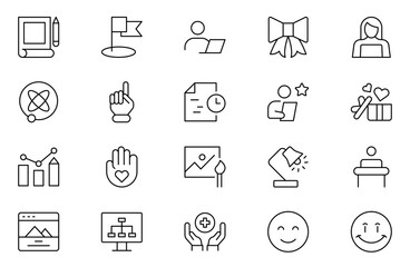 Positive thinking web icons set in thin line design. Pack of family value, reflection, emotional control, confidence, gratitude, relationship, other outline stroke pictograms. Illustration.