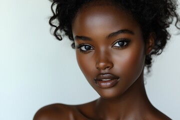 Portrait of a woman with deep brown skin, loose curls, radiant complexion, and soft smile