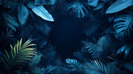 Fototapeta premium Dark blue tropical leaves lush exotic nature background frame palm green image photo plants design