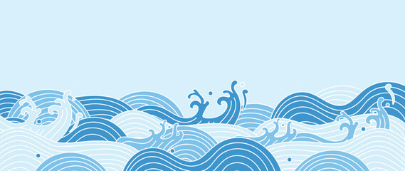 Japanese sea wave background vector. Wallpaper design with blue and white ocean wave pattern backdrop. Modern luxury oriental illustration for cover, banner, website, decor, border.