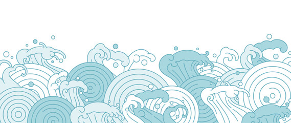 Fototapeta premium Japanese sea wave background vector. Wallpaper design with blue and white ocean wave pattern backdrop. Modern luxury oriental illustration for cover, banner, website, decor, border.