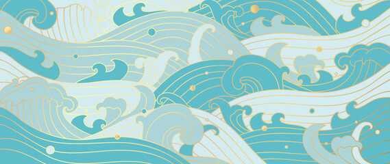 Japanese sea wave background vector. Wallpaper design with blue and gold line  ocean wave pattern backdrop. Modern luxury oriental illustration for cover, banner, website, decor, border.