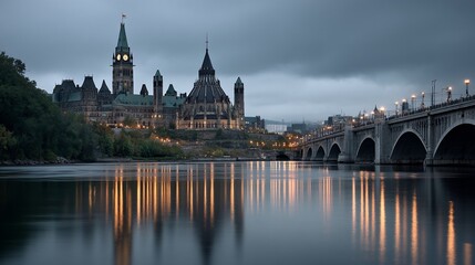 Canadian Parliament Building at Dusk reflected in the River, Ottawa