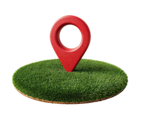 Red location marker on grass surface representing navigation concept on a transparent background, cut out