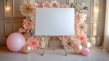 An easel with a white canvas, black and beige paper flowers in the background