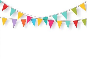 Obraz premium Colorful bunting flags hanging on left side of white background in flat vector style, perfect for festive decoration, empty space on right for text or copy, clean and minimalist celebration banner.