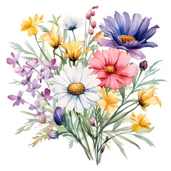 watercolor wildflower bouquet on transparent background, elegant spring flowers png, wedding invitation floral, botanical watercolor art,beautiful wildflower arrangement, painted floral illustration