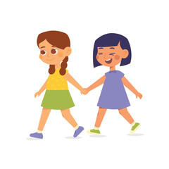 Smiling international kids walking best friend and feel happy. Kids friendship concept. Vector illustration cartoon flat style.